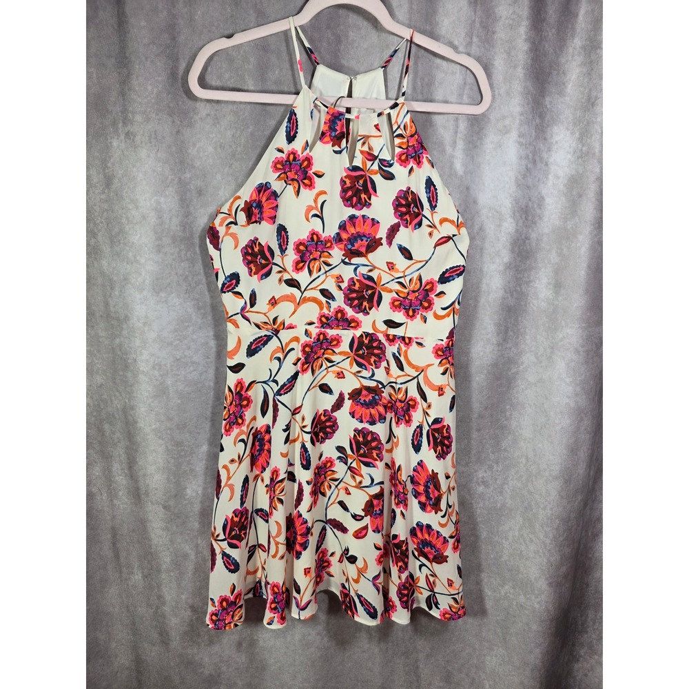 Express Floral Halter Mini Dress Cream Pink Orange Cutout Neckline Lined